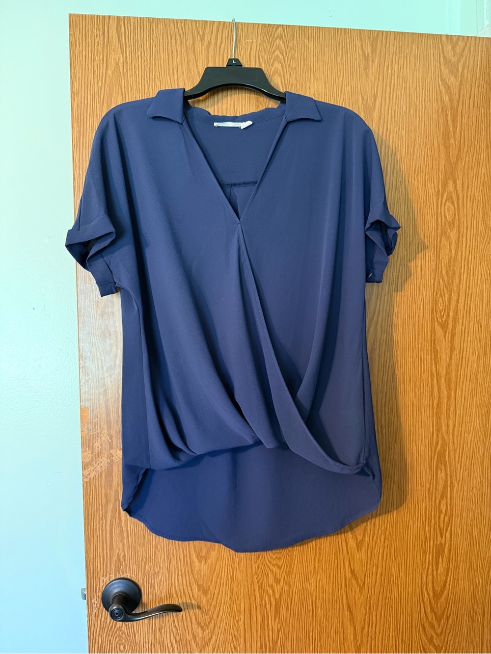Lush Navy Draped V-Neck Short Sleeve Blouse
